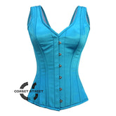 Baby Blue Satin With Front Silver Busk Gothic Overbust Burlesque Corset Waist Training Top